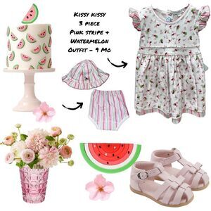 Kissy Kissy 3 Piece Outfit- 9 Months- Dress, Hat & Bottom - Watermelon Print
